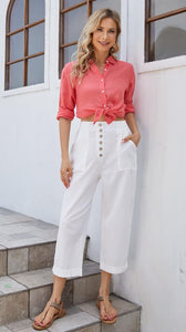 Khaki Linen Button Front Capri Pants