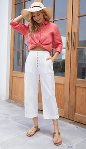 Khaki Linen Button Front Capri Pants