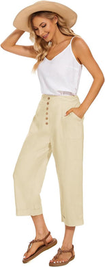 Beige Linen Button Front Capri Pants