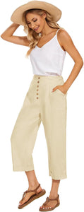 White Linen Button Front Capri Pants