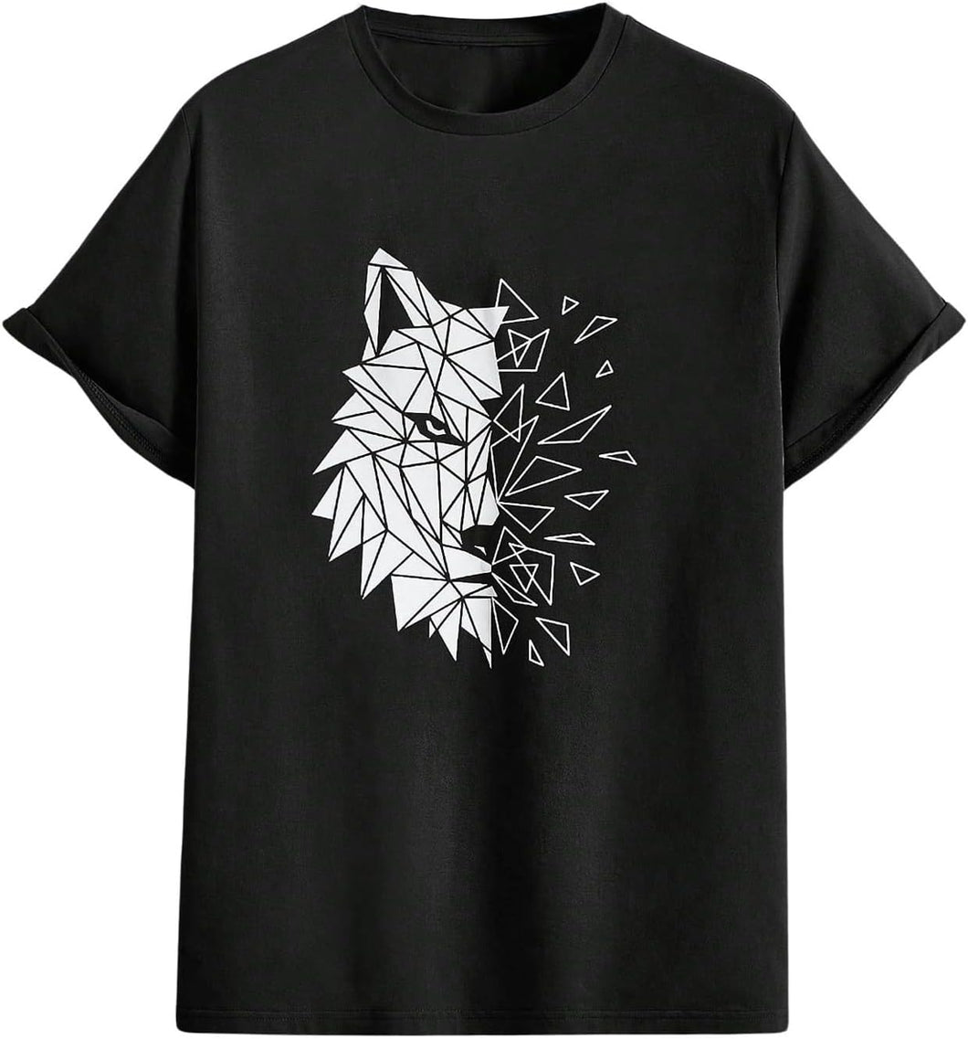 Men's Black Wolf Printed Short Sleeve Shirt