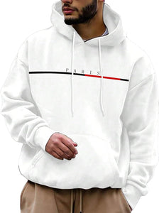 Men's Paris White Long Sleeve Hoodie Pull Over Sweatshirt