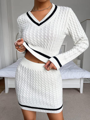 Oxford Striped White V Neck Sweater Top & Skirt Set