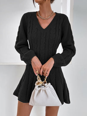 Bishop Sleeve Black Flared Knit Sweater Dress