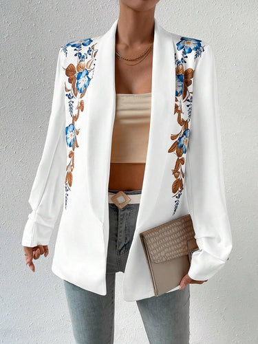 Floral Printed White Open Front Lapel Long Sleeve Blazer