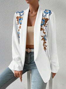 Floral Printed White Open Front Lapel Long Sleeve Blazer