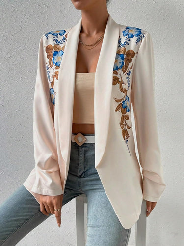 Floral Printed Beige Open Front Lapel Long Sleeve Blazer