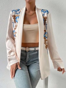 Floral Printed Beige Open Front Lapel Long Sleeve Blazer