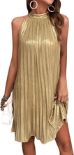 Load image into Gallery viewer, Gold Pleated Halter Sleeveless Mini Dress