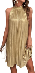 Gold Pleated Halter Sleeveless Mini Dress