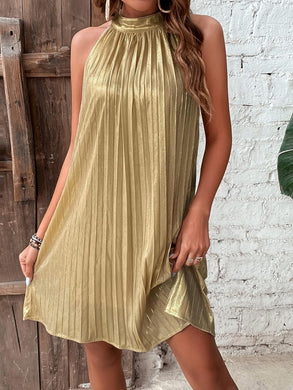 Gold Pleated Halter Sleeveless Mini Dress
