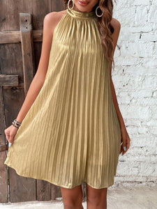 Gold Pleated Halter Sleeveless Mini Dress