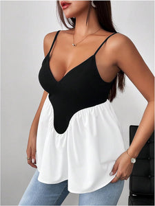 Black & White Color Block Sleeveless Ruffle Top