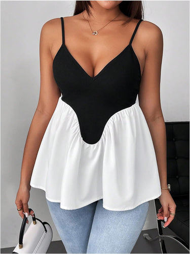 Black & White Color Block Sleeveless Ruffle Top