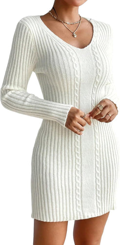 Winter Knit Off White Long Sleeve Sweater Dress