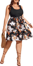 Load image into Gallery viewer, Plus Size Black White Floral Color Block Sleeveless Dress