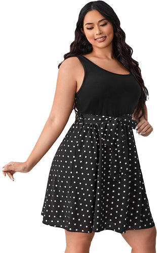 Plus Size Black Polkadot Color Block Sleeveless Dress