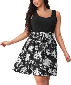Plus Size Black Polkadot Color Block Sleeveless Dress