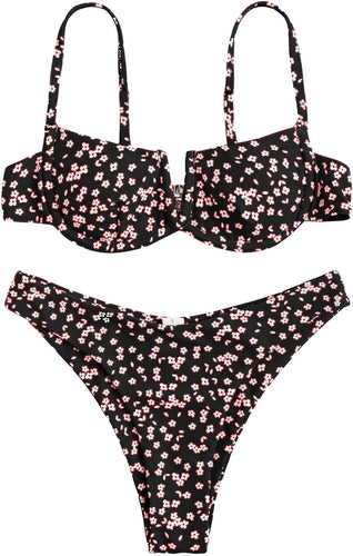 Black Floral Print Pink 2pc Bikini Swimwear Set