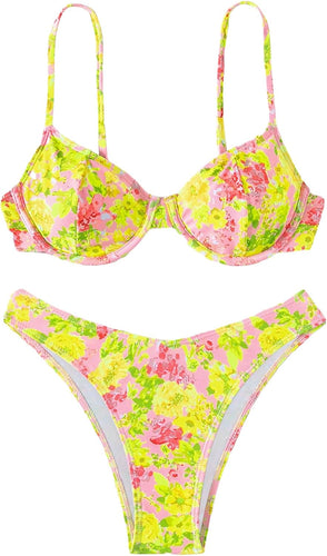 Yellow Floral Print 2pc Bikini Swimwear Set