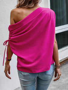 Cute Pink Asymmetrical Off Shoulder Drawstring Top