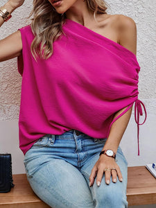 Cute Pink Asymmetrical Off Shoulder Drawstring Top