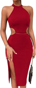 Sultry Red Halter Sleeveless Cut Out Midi Dress