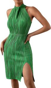 Bamboo Green Textured Halter Sleeveless Mini Dress