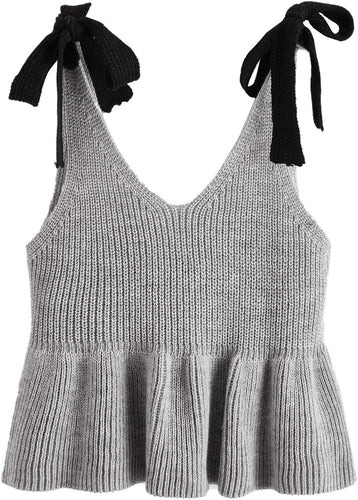 Bow Knit Grey Sleeveless Summer Top Blouse