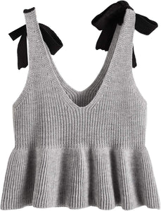 Bow Knit Grey Sleeveless Summer Top Blouse