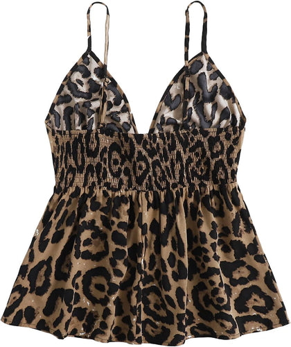 Plus Size Leopard Brown Sleeveless Peplum Cami Top