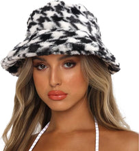 Load image into Gallery viewer, Checkered Black &amp; White Faux Fur Winter Bucket Hat