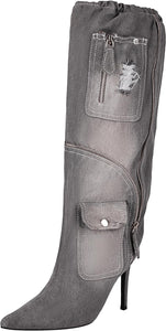 Zippered Denim Style Grey Cargo Ruched Stieltto Mid Calf Boots