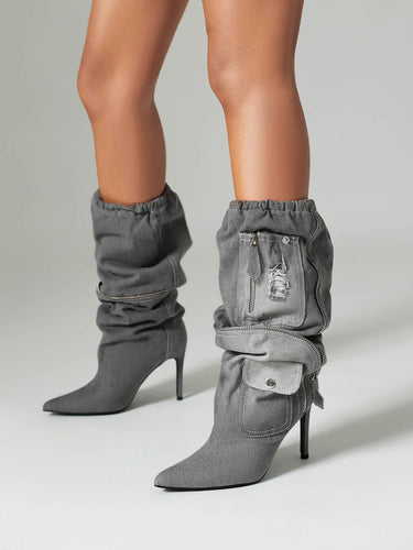 Zippered Denim Style Grey Cargo Ruched Stieltto Mid Calf Boots