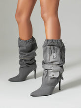 Load image into Gallery viewer, Zippered Denim Style Blue Cargo Ruched Stieltto Mid Calf Boots