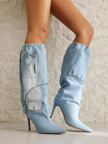 Zippered Denim Style Blue Cargo Ruched Stieltto Mid Calf Boots