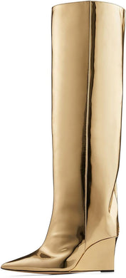 Metallic Gold Leather Wedge Heel Knee High Boots