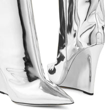 Load image into Gallery viewer, Metallic Silver Leather Wedge Heel Knee High Boots