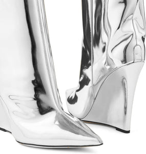 Metallic Silver Leather Wedge Heel Knee High Boots