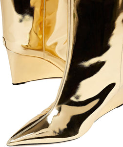 Metallic Silver Leather Wedge Heel Knee High Boots