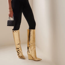 Load image into Gallery viewer, Metallic Silver Leather Wedge Heel Knee High Boots