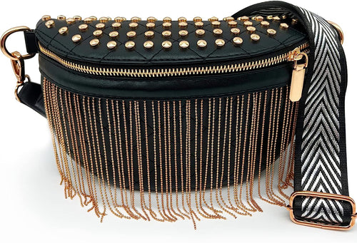 Rocker Chic Gold Faux Leather Tassel Embellished Sling Bag