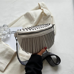 Rocker Chic White Faux Leather Tassel Embellished Sling Bag
