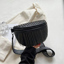 Load image into Gallery viewer, Rocker Chic White Faux Leather Tassel Embellished Sling Bag