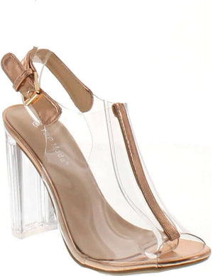 Beige Clear Lucite Ankle Strap Peep Toe Chunky Clear Heel Sandal