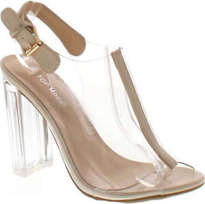 Silver Clear Lucite Ankle Strap Peep Toe Chunky Clear Heel Sandal