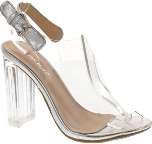 Silver Clear Lucite Ankle Strap Peep Toe Chunky Clear Heel Sandal