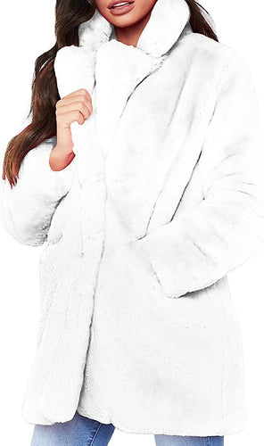 Plus Size Long Sleeve White Faux Fur Coat