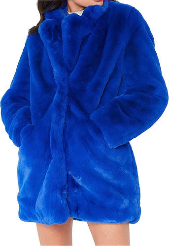 Plus Size Long Sleeve Blue Faux Fur Coat