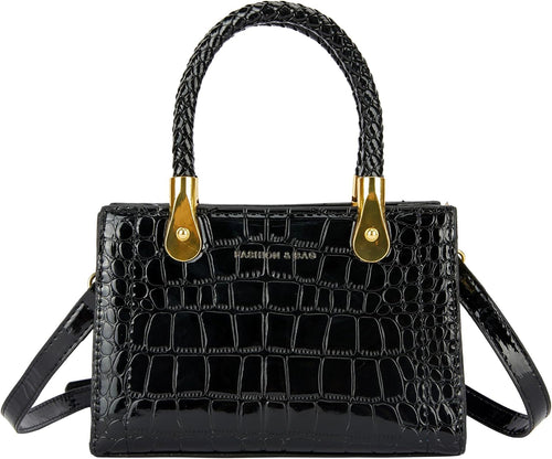 Black Faux Stone Crocodile Crossbody Purse